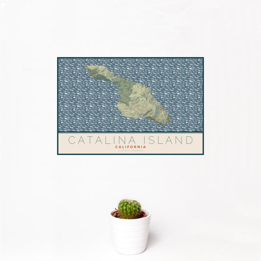 12x18 Catalina Island California Map Print Landscape Orientation in Woodblock Style With Small Cactus Plant in White Planter