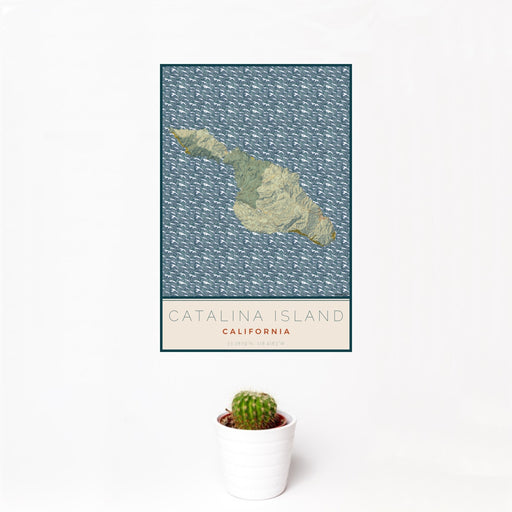12x18 Catalina Island California Map Print Portrait Orientation in Woodblock Style With Small Cactus Plant in White Planter