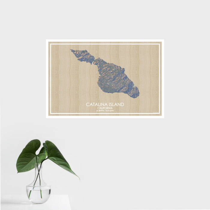 16x24 Catalina Island California Map Print Landscape Orientation in Afternoon Style With Tropical Plant Leaves in Water