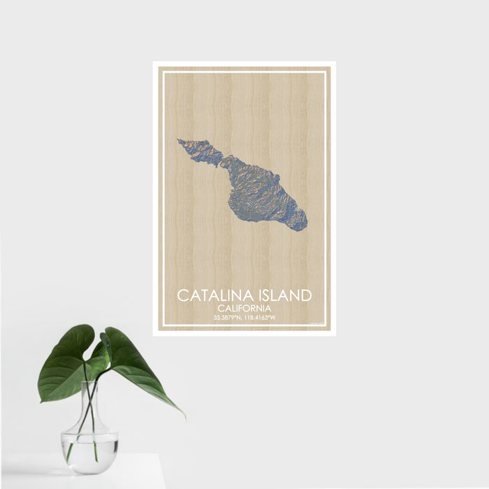 16x24 Catalina Island California Map Print Portrait Orientation in Afternoon Style With Tropical Plant Leaves in Water