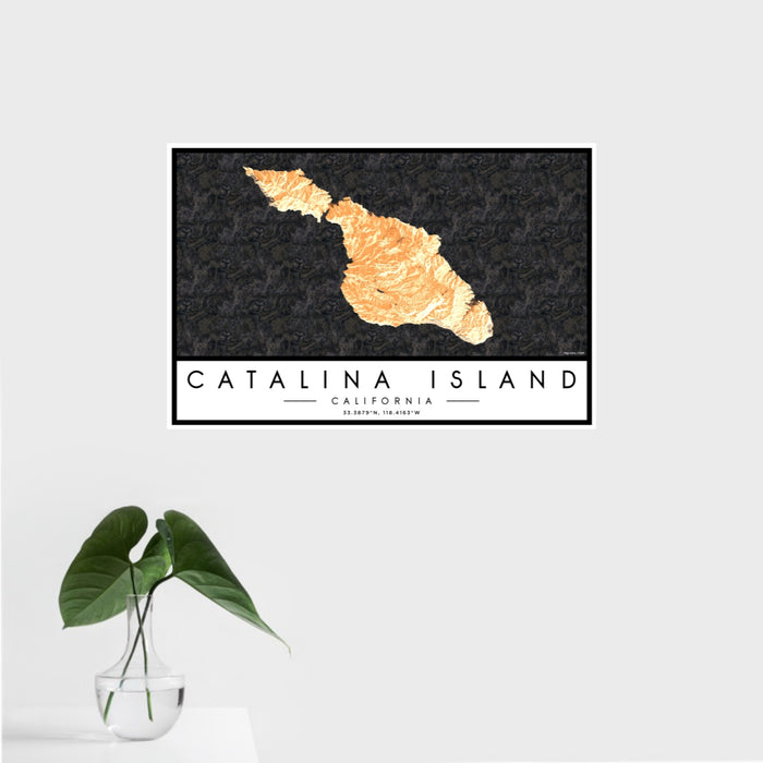 16x24 Catalina Island California Map Print Landscape Orientation in Ember Style With Tropical Plant Leaves in Water