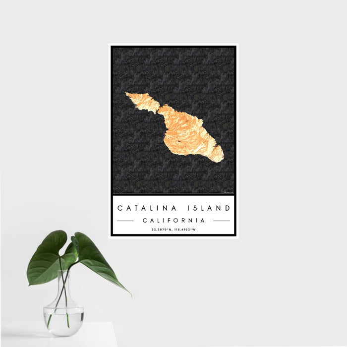 16x24 Catalina Island California Map Print Portrait Orientation in Ember Style With Tropical Plant Leaves in Water