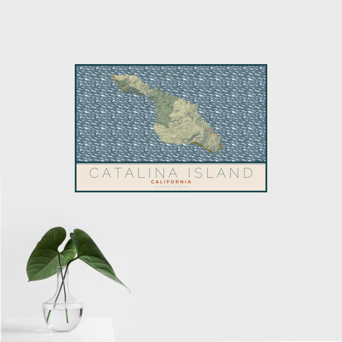 16x24 Catalina Island California Map Print Landscape Orientation in Woodblock Style With Tropical Plant Leaves in Water
