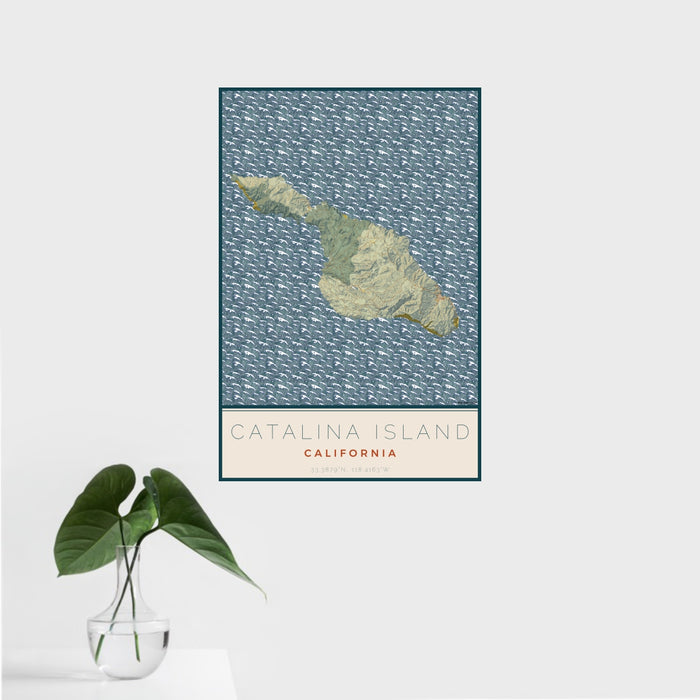 16x24 Catalina Island California Map Print Portrait Orientation in Woodblock Style With Tropical Plant Leaves in Water