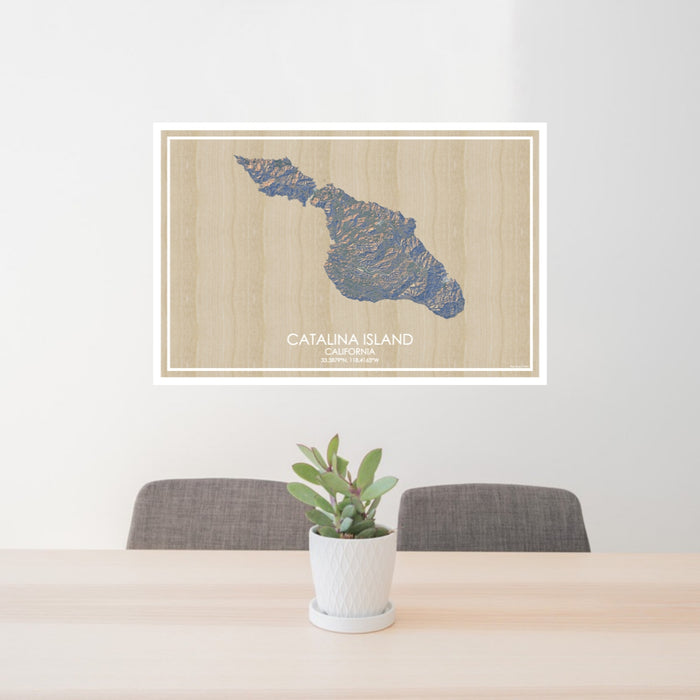 24x36 Catalina Island California Map Print Lanscape Orientation in Afternoon Style Behind 2 Chairs Table and Potted Plant