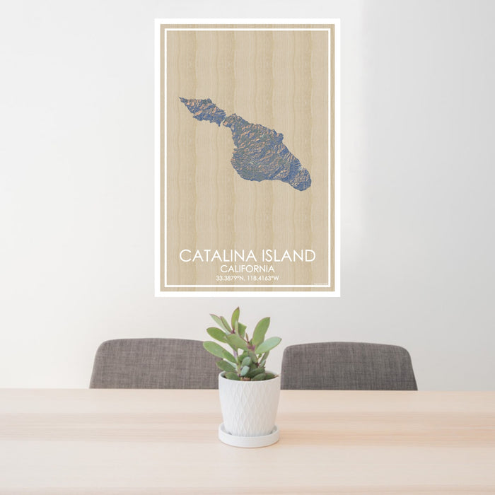 24x36 Catalina Island California Map Print Portrait Orientation in Afternoon Style Behind 2 Chairs Table and Potted Plant