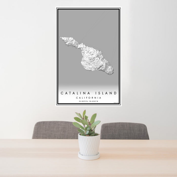24x36 Catalina Island California Map Print Portrait Orientation in Classic Style Behind 2 Chairs Table and Potted Plant