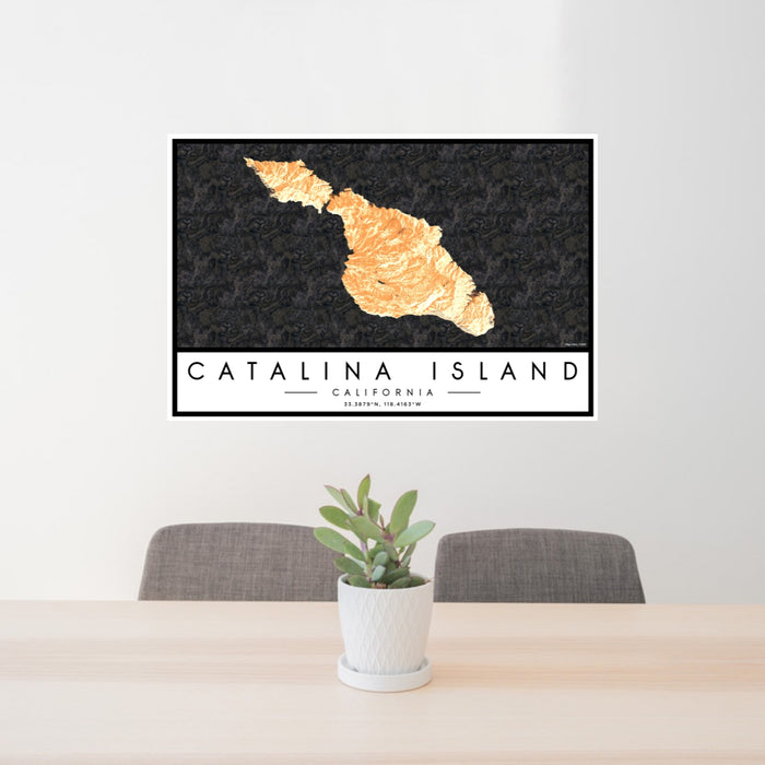 24x36 Catalina Island California Map Print Lanscape Orientation in Ember Style Behind 2 Chairs Table and Potted Plant