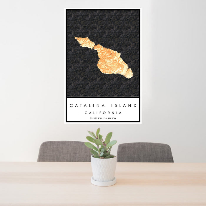 24x36 Catalina Island California Map Print Portrait Orientation in Ember Style Behind 2 Chairs Table and Potted Plant