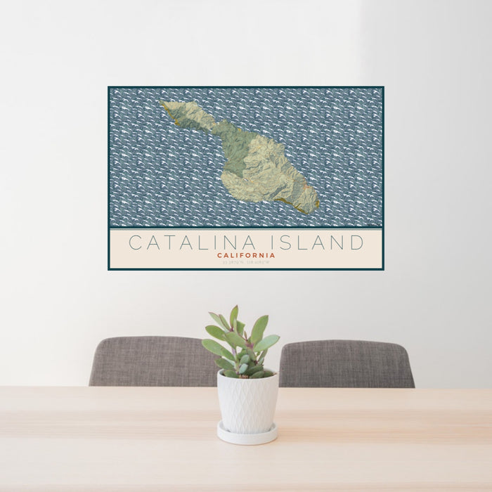 24x36 Catalina Island California Map Print Lanscape Orientation in Woodblock Style Behind 2 Chairs Table and Potted Plant