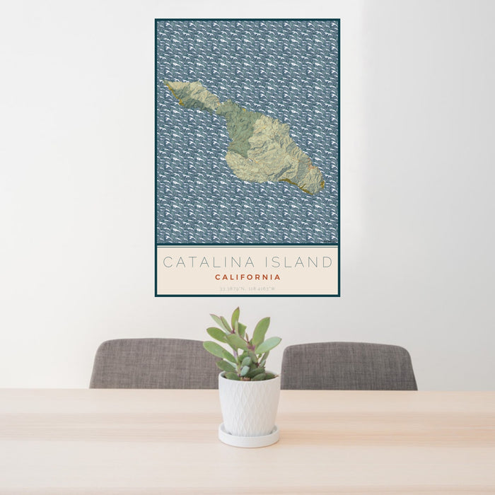 24x36 Catalina Island California Map Print Portrait Orientation in Woodblock Style Behind 2 Chairs Table and Potted Plant