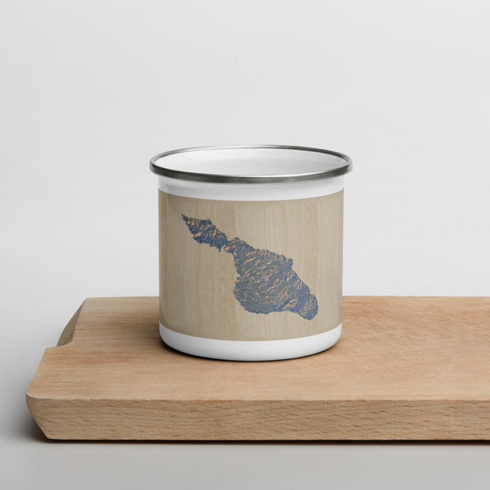 Front View Custom Catalina Island California Map Enamel Mug in Afternoon on Cutting Board