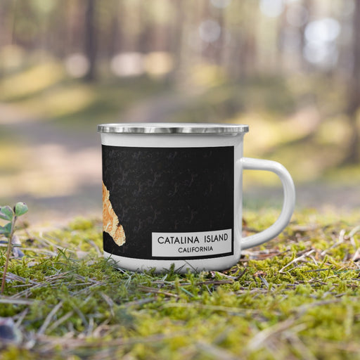 Right View Custom Catalina Island California Map Enamel Mug in Ember on Grass With Trees in Background