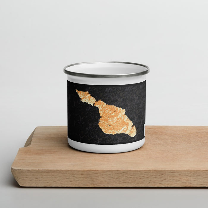 Front View Custom Catalina Island California Map Enamel Mug in Ember on Cutting Board