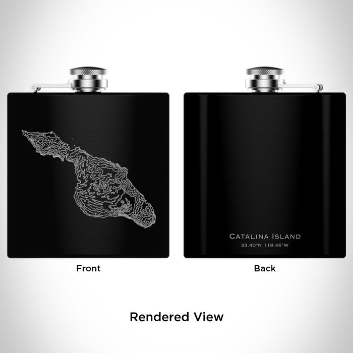 Rendered View of Catalina Island California Map Engraving on 6oz Stainless Steel Flask in Black