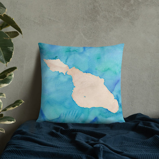 Custom Catalina Island California Map Throw Pillow in Watercolor on Bedding Against Wall
