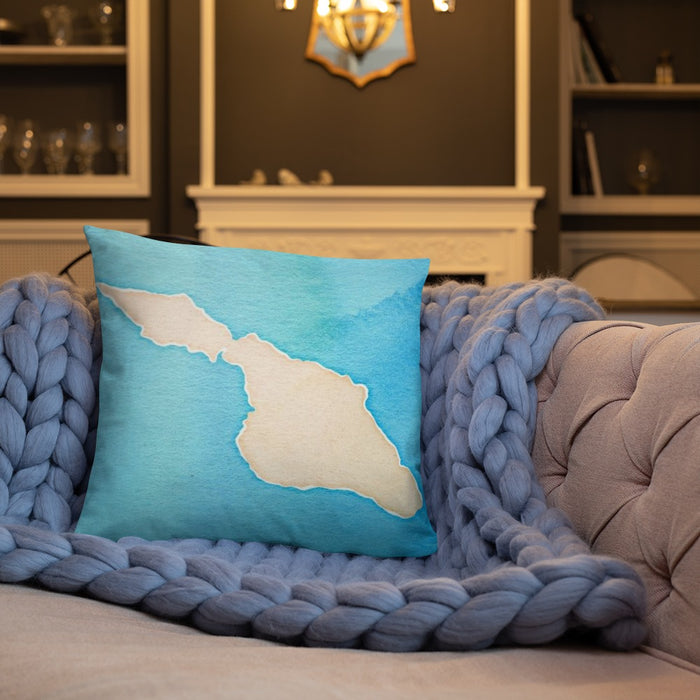 Custom Catalina Island California Map Throw Pillow in Watercolor on Cream Colored Couch