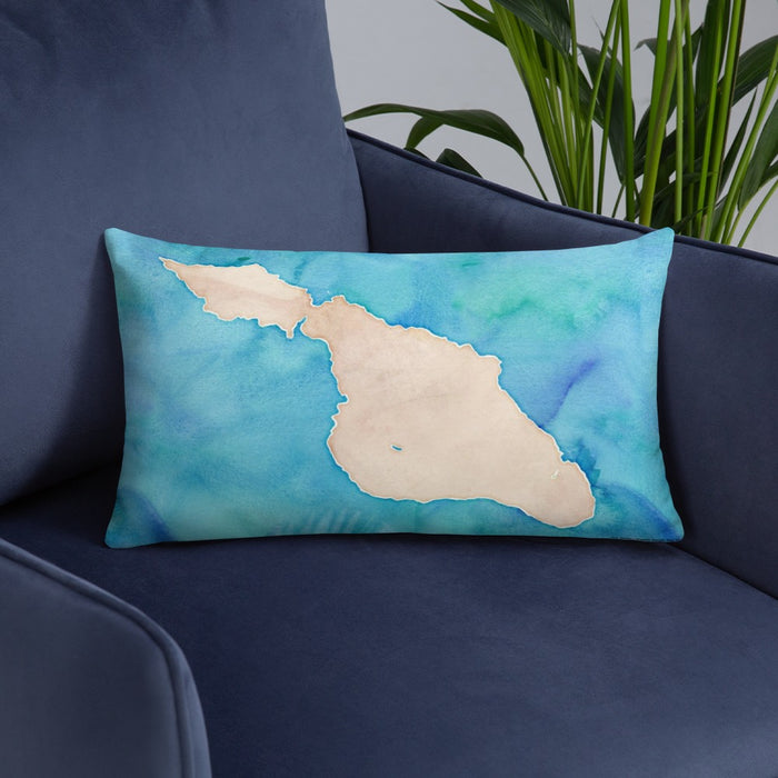 Custom Catalina Island California Map Throw Pillow in Watercolor on Blue Colored Chair