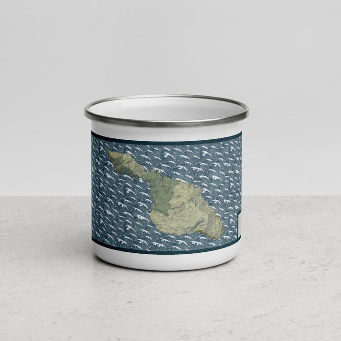 Front View Custom Catalina Island California Map Enamel Mug in Woodblock