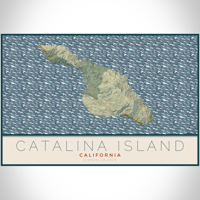 Catalina Island California Map Print Landscape Orientation in Woodblock Style With Shaded Background