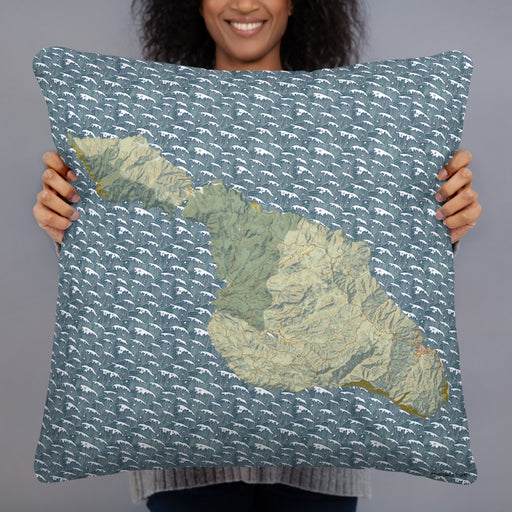 Person holding 22x22 Custom Catalina Island California Map Throw Pillow in Woodblock