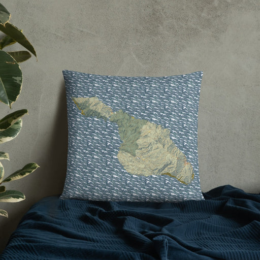 Custom Catalina Island California Map Throw Pillow in Woodblock on Bedding Against Wall