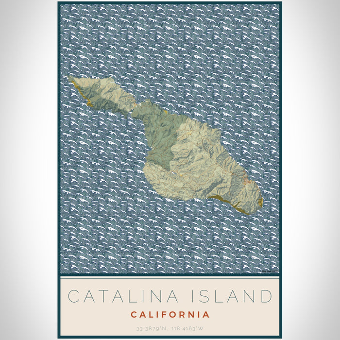 Catalina Island California Map Print Portrait Orientation in Woodblock Style With Shaded Background