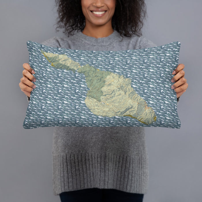 Person holding 20x12 Custom Catalina Island California Map Throw Pillow in Woodblock