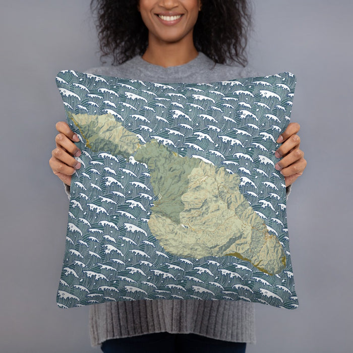 Person holding 18x18 Custom Catalina Island California Map Throw Pillow in Woodblock