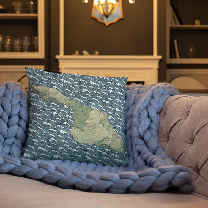 Custom Catalina Island California Map Throw Pillow in Woodblock on Cream Colored Couch