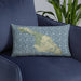 Custom Catalina Island California Map Throw Pillow in Woodblock on Blue Colored Chair
