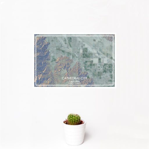 12x18 Cathedral City California Map Print Landscape Orientation in Afternoon Style With Small Cactus Plant in White Planter