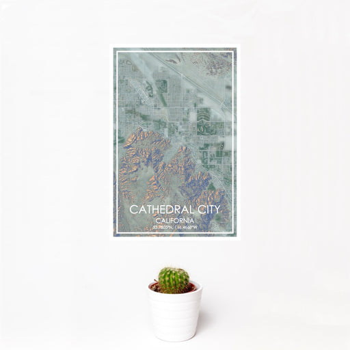12x18 Cathedral City California Map Print Portrait Orientation in Afternoon Style With Small Cactus Plant in White Planter