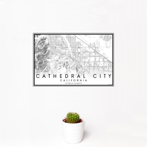 12x18 Cathedral City California Map Print Landscape Orientation in Classic Style With Small Cactus Plant in White Planter