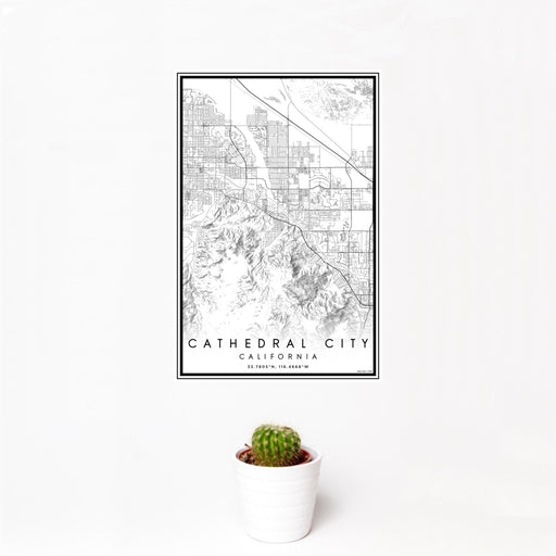 12x18 Cathedral City California Map Print Portrait Orientation in Classic Style With Small Cactus Plant in White Planter