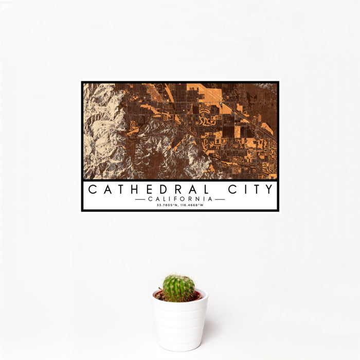 12x18 Cathedral City California Map Print Landscape Orientation in Ember Style With Small Cactus Plant in White Planter