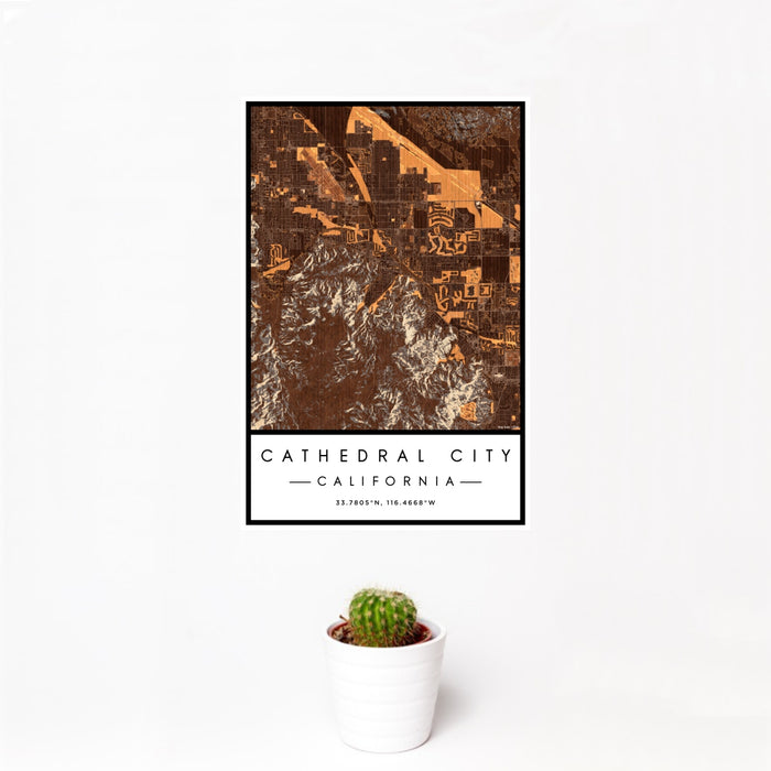 12x18 Cathedral City California Map Print Portrait Orientation in Ember Style With Small Cactus Plant in White Planter