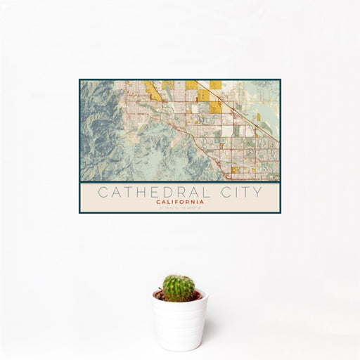 12x18 Cathedral City California Map Print Landscape Orientation in Woodblock Style With Small Cactus Plant in White Planter