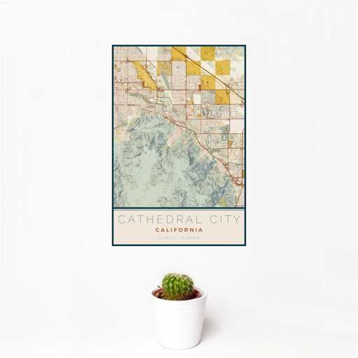 12x18 Cathedral City California Map Print Portrait Orientation in Woodblock Style With Small Cactus Plant in White Planter