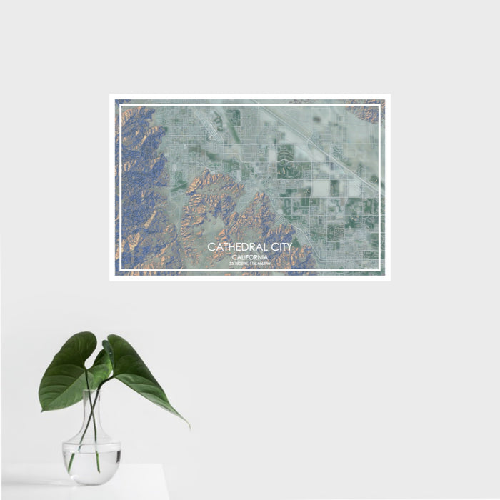 16x24 Cathedral City California Map Print Landscape Orientation in Afternoon Style With Tropical Plant Leaves in Water