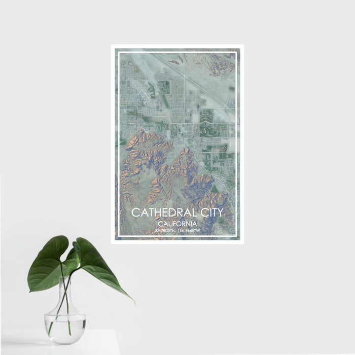 16x24 Cathedral City California Map Print Portrait Orientation in Afternoon Style With Tropical Plant Leaves in Water