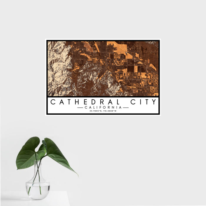 16x24 Cathedral City California Map Print Landscape Orientation in Ember Style With Tropical Plant Leaves in Water