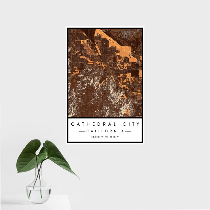 16x24 Cathedral City California Map Print Portrait Orientation in Ember Style With Tropical Plant Leaves in Water