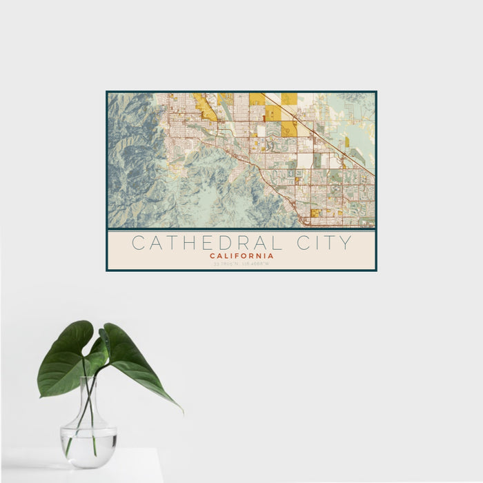 16x24 Cathedral City California Map Print Landscape Orientation in Woodblock Style With Tropical Plant Leaves in Water