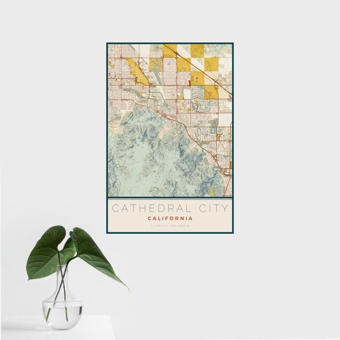16x24 Cathedral City California Map Print Portrait Orientation in Woodblock Style With Tropical Plant Leaves in Water