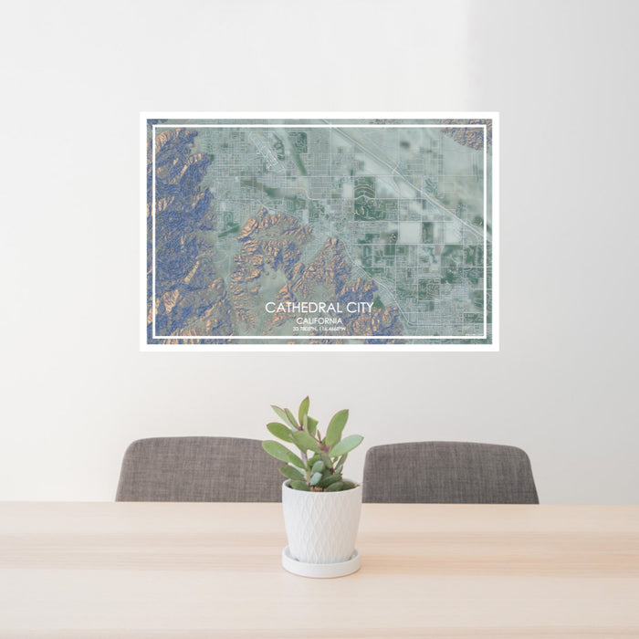 24x36 Cathedral City California Map Print Lanscape Orientation in Afternoon Style Behind 2 Chairs Table and Potted Plant