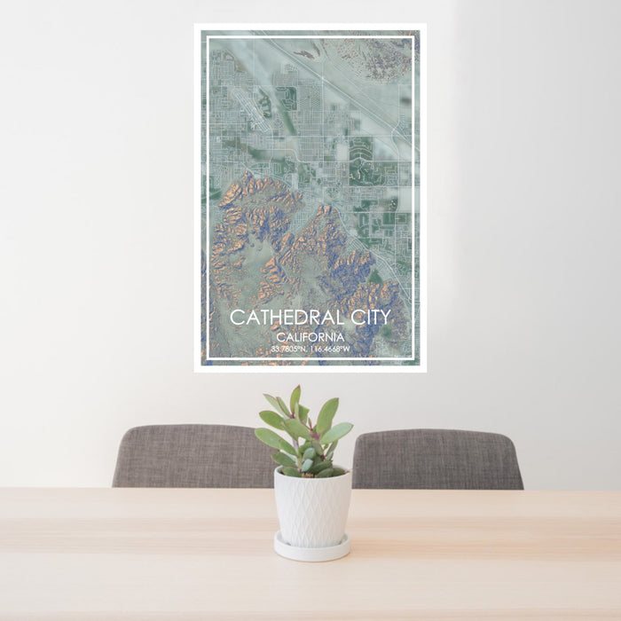 24x36 Cathedral City California Map Print Portrait Orientation in Afternoon Style Behind 2 Chairs Table and Potted Plant