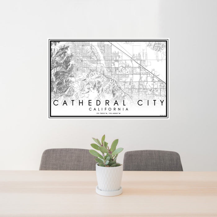 24x36 Cathedral City California Map Print Lanscape Orientation in Classic Style Behind 2 Chairs Table and Potted Plant