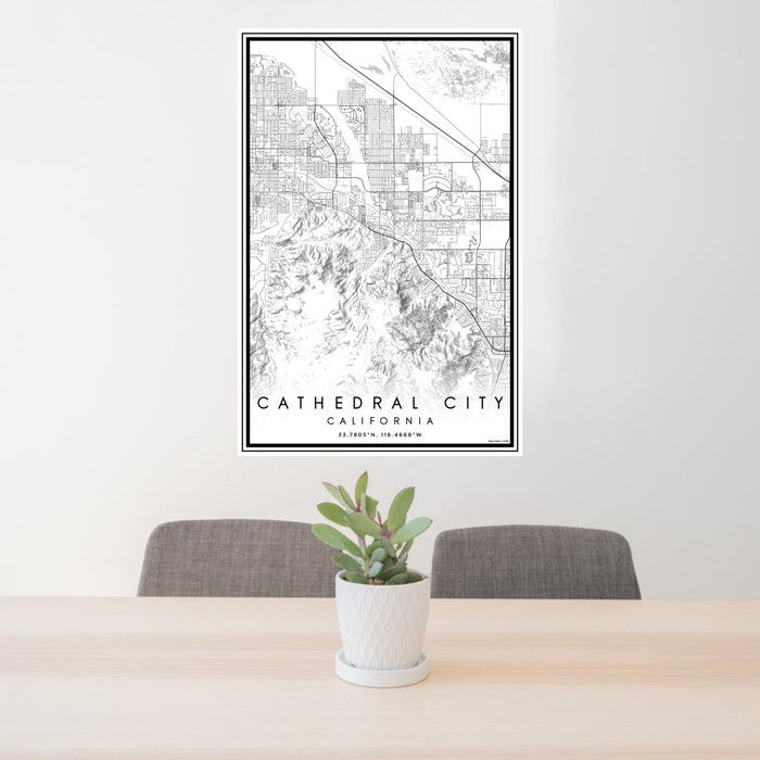 24x36 Cathedral City California Map Print Portrait Orientation in Classic Style Behind 2 Chairs Table and Potted Plant