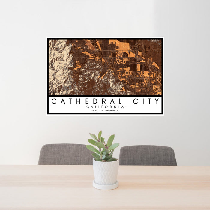 24x36 Cathedral City California Map Print Lanscape Orientation in Ember Style Behind 2 Chairs Table and Potted Plant